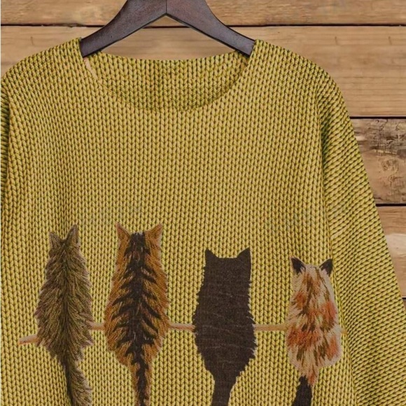 Cat Pattern Round Neck Long Sleeve Casual embroidered Pullover Sweater - Picture 3 of 4